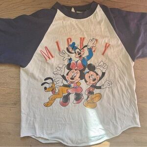 Vintage Disney White & Navy Raglan Baseball Tee with Mickey & Friends Graphic